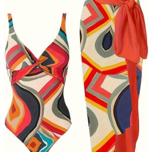 2-delige badpakken met abstracte geometrische print, V-hals met gedraaide voorkant, eendelig badpak en cover-up rok, zwemkleding en kleding voor dames