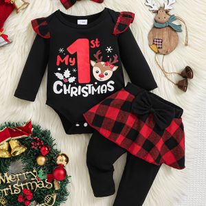 3- Baby Meisje Kerstfeest Herfst & Winter Zwarte "Mijn Eerste Kerstmis" Letter Hert Print Jumpsuit met Print Strik Culottes met Hoofdband Feestelijke Stijl Set, voor Buiten