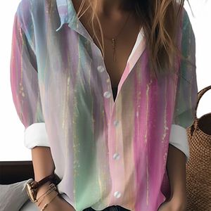 Casual Dames Overhemd met Knoopsluiting en Kleurrijk Gestreept - Lichtgewicht Polyester, Lange Mouwen, Open Kraag, Perfect voor Lente/Herfst, Damesoverhemden