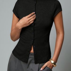 Elegante Top met Hoge Hals | Comfortabele Slim Fit, Vest met Korte Mouwen en Knoopsluiting, Kleur