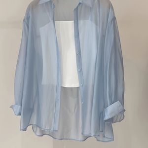 Zonnebeschermend shirt in Franse stijl voor dames | Lichtgewicht open shirt met lange mouwen en knoopsluiting, elegante revers, kleur, geschikt voor lente/zomer/herfst