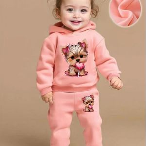 Lente/herfst meisjes cartoon print capuchon fleece lange mouw sweatshirt en broek schattig twee- set, perfect voor buiten