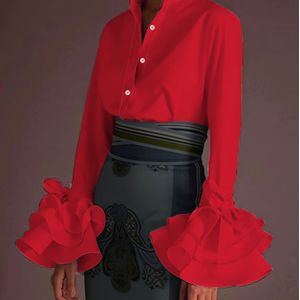 Gelaagde Blouse Met Uitlopende Mouwen, Elegante Blouse Met Enkele Voor Lente En Herfst, Dameskleding