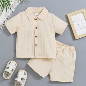 2 stuks Toddler Boys' Outfit Set - Schattig & Stijlvol Ribbed Korte Mouw Shirt met Knopen & Kleur Casual Shorts, Beige, Perfect voor Lente/Zomer, Baby Kleding, voor Buiten