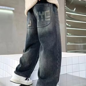 Jongens' Loose Fit Rechte Pijpen Jeans - Casual Lente & Herfst Denim Broeken met Letter Print, Middelzware Stof, Comfortabel voor Casual Kleding, Lente Herfst Kleding, Nietrekbare Stof