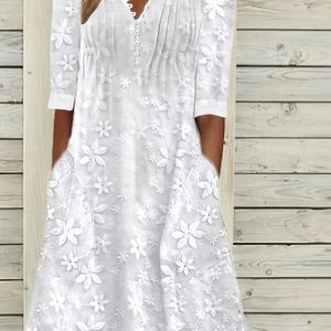 1pc Dames Bloemenprint Midi Jurk - Casual Crew Hals Polyester Zon Jurk met Knopen, Aangepast Kleur voor Lente/Herfst