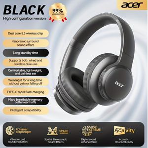 Acer OHR559 Over-Ear Koptelefoon met Extra Membraan, Zware , 60u Ultra Lange Batterijduur, Draadloze & Bedrade , Lage Latentie Gaming, Comfortabele Pasvorm