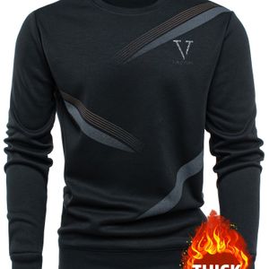 Herfst-Winter Nieuwe Fleece-gevoerde Heren Trui met Lange Mouwen, Ronde Hals en Strepen & Letterdecoratie, Zacht Warm Casual Stijl voor Dagelijks Gebruik, Perfect Cadeau