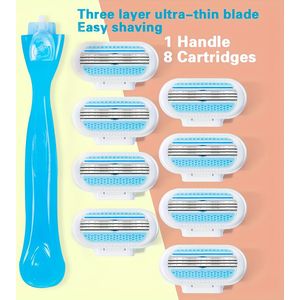 1 Handvat + 8 Meskoppen / 8 Meskoppen, Dames Handmatige Ontharingsapparaat met 3 Lagen Roestvrijstalen Messen en Vervangbare Veilige Scheerkop