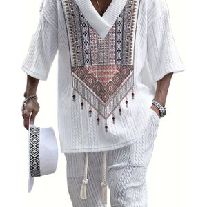 casual zomer V-hals t-shirt en korte broek set - 3D print, losse pasvorm, korte mouwen, niet rekbaar polyester, plus size, gestreept