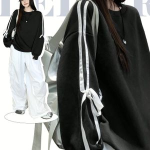 Women's Y2k Loose Fit Round Neck Sweatshirt - Black & -block With Bow Accents, Lightweight Stretchy Polyester/elastane Blend, Machine Washable Casual Pullover For Spring/fall