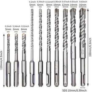 10pcs Carbide-tipped Sds-plus Rotary Hammer Drill Bit Set For Concrete, Brick, Stone & Masonry