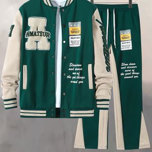 Casual Essential 69-delige set voor heren: Contrasterende Letterman-jack en printletterbroek - Polyester, honkbalstrop, zakken - voor herfst en winter