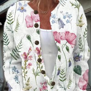 Women's Spring Floral Print Cardigan - Elegant Long Sleeve, Round Neck, Non-stretch Fabric, Button-up, , Floral Print Cardigan