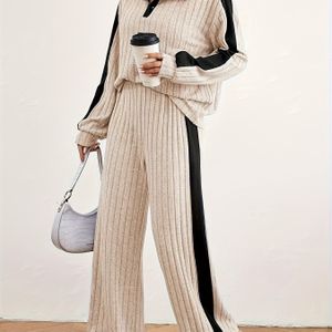 Dames Casual Jumpsuit - Olijfgroen & Kleurblok, Lange Mouw, Wijde Pijpen, Comfortabel voor Alle Seizoenen, Casual Kleding, Casual Wear, Casual Stijl