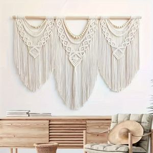 TEMU 1 Stuk, Een Groot Macrame Wandkleed - Boho Wandtapijt Macrame Wanddecoratie Kunst - Stijlvol Handgemaakt Geweven Wandtapijt Voor Slaapkamer Woonkamer Bruiloftsfeest (Houten Kraal)
