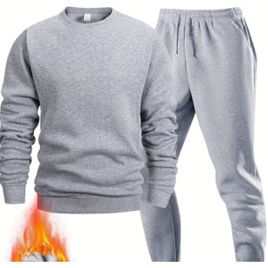 2 stuks Basis Ronde Hals Sweatshirt en Panty voor Mannen, Veelzijdige Dagelijkse Sportsuit voor Outdoor Wandelen, Kamperen, Binnenshuis Gym, Herfst- en Winter Warme Lange Mouwen Set