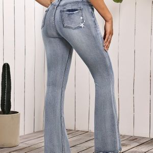 Vrouwen's Hoge Taille Stretch Denim Flare Jeans met Ster Borduurwerk Zakken - Vintage Licht Gewassen Bell Bottoms, Casual Passend, Machinewasbaar
