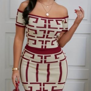 Elegante tweedelige rokoutfit met geometrische print voor dames - Off the shoulder, stof, perfect voor lente/herfst, outfit|Geometrische print jurk|Constructie