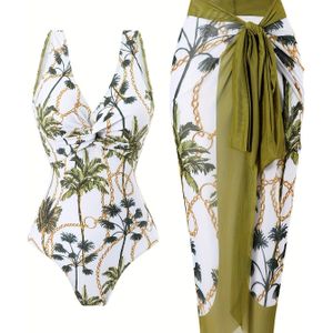 Tropische Palm Print Twee-Delige Vrouwenswimwear met Hoge Stretch , V-Hals Eén-Stuks Zwemkleding en Doorzichtig Sarong met Verwijderbare Pads, Alle-Seizoenen Strandkleding