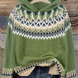 Plus Size - Elegante dames trui met capuchon | Zachte Tie-Dye Gradient Jacquard Geborduurde Sneeuwberg, Casual Comfortabele Vintage Commuter Pullover