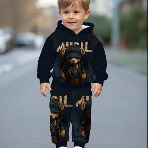 Hoodie-set voor jongens met schattige beerprint - Zwart & Gouden Casual Outfit, Comfortabele Lange Mouw Hoodie & Passende Broek, Perfect voor Lente/Heren, Beer Kleding, voor Buiten