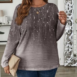 Plus Size Dames Elegante Bloemenprint Lange Mouwen T-Shirt - Zacht Roze, Relaxed Fit Ronde Hals Top, Machinewasbaar Herfst Winter Casual Kleding, Medium Stretch Stof