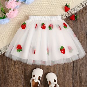 Strawberry Print Skirt voor meisjes - Schattige witte A-line Tutu met levendige fruitpatronen, elastische tailleband en kanten details, perfect voor zomeroutfits en jongerenkleding