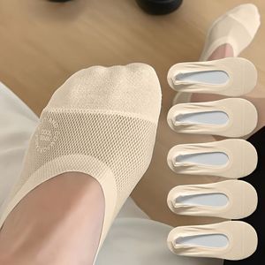 5 Paar Abrikoos Mesh Ademende Comfortabele Schattige Dames Antislip Korte Onzichtbare Sokken