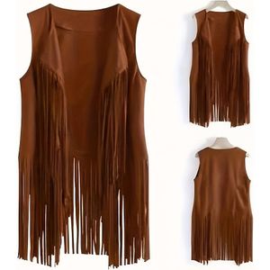Europees en Amerikaans Mode Dames Kwastjesvest met Hertenvacht, Knooploos Middellang Vest