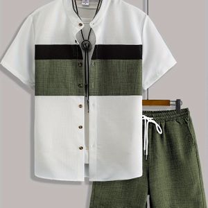 Heren Casual Kleur Twee-Ton Suit met Stand Collar, -Kleur Imitatie Linnen, Uitstekende , Dubbel Kort, Kleur Set