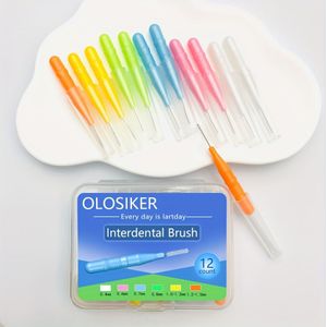 12-Pack Olosiker Interdentale borstels, PE-materiaal, diverse kleuren, smaakloos, flosdraad, mondverzorging, tandvleesgezondheid, tandenreiniging.