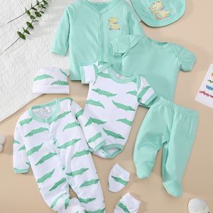 Boys' Lente/Zomer 8-delige Set: Comfortabel en Zacht " Little Crocodile" Print Lange Mouw & Hoed & Boodschap & Sokken & Broek & Jas & Top & Driehoek T-shirt, Perfect voor Buiten