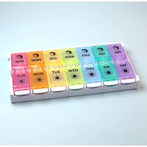 1 stuk Ochtend- en Avondpillenorganizer, 14-vakjes Kleurrijke 7-Dagen Dubbele Rij Opbergdoos met Geïntegreerd Deksel voor Eenvoudige Medicatiebeheer