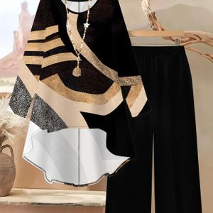 Plus Size - Elegante Damesmode Set met Kleurrijke Etnische Print, Lange Mouwen, Ronde Hals, Medium Stretch en Gedompelde Zoom voor Lente/Zomer