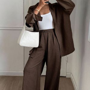 2-delige set dames herfst/winter kleur overhemd met lange mouwen en knoopsluiting en casual losse broek | Herfst/winter collectie met turn-up kraag en kleur details