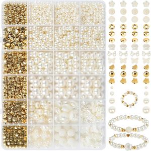 1000pcs Elegant White & Golden Acrylic Pearl Bead Set - Polished, Shapes & Sizes In 24-grid Organizer For Making & Crafts, Ideal Valentine's Day Gift, Charms For Jewelry Making