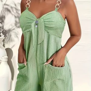 Elegante Kleur Mouwloze Romper voor Vrouwen - Chique Kettingdetail, Rugloos Ontwerp met Zakken, Perfect voor Lente/Zomer