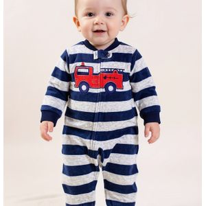 Vlamvertragende Gestreepte Brandweerwagen Geborduurde Zip-Up Bodysuit voor Jongens, Herfst/Winter, Ideaal voor Buiten