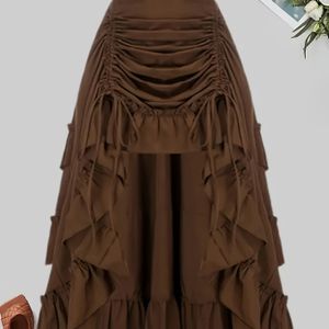 Gotische Donkere Rok met Geplooide Voorkant en Elastische Taille - Midi Lengte