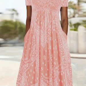 Zomerse Casual Jurk voor Dames in Grote Maten - Korte Mouwen A-Lijn met Zakken, Levendige Roze Paisleyprint, Rekbare Stof & Machinewasbaar voor Stranduitjes & Dagelijks