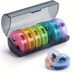 7-Daagse pil organizer met 14 compartimenten - voor het opbergen van dagelijkse 's ochtends en 's avonds, gemaakt van duurzaam plastic, in donkergrijs/kleurrijk.