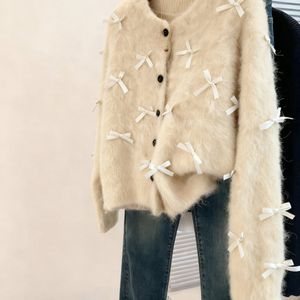 Elegante beige damescardigan met witte strikdetails - Comfortabele herfst/winter trui met open voorkant, lange mouwen, knoopsluiting, perfect voor casual of stijlvolle outfits, sweater cardigan