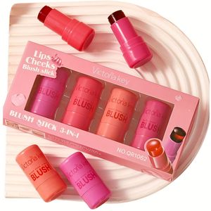 VICTRIAKEY 4 Tinten Jelly Blush & Lippenstift Duo, Hoogwaardige Matte Afwerking, Licht Beige Correctie, Medium Dekkendheid, Rode Tinten voor Wangjes en Lippen, Make-up Collectie