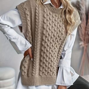 Plus Size Kabel Gebreide Ronde Hals Gebreide Vest, Elegante Mouwloze Kleur Top Voor Lente & Herfst, Vrouwen Plus Size Kleding