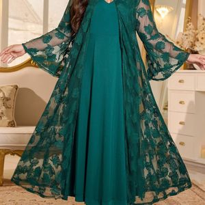 Plus Size - Elegante Ronde Hals Mesh Borduurwerk V-Hals Slim Lange Jurk | Vloeiende Lotus Mouw Kant Cardigan Bovenkleding, Maat Pak, Plantenpatroon, Contrast Kant Details