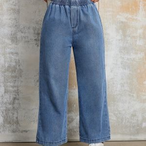 Elastische taille, losse pasvorm spijkerbroek, gewassen blauwe wijde pijpen jeans, dames spijkerbroek en kleding voor de herfst.