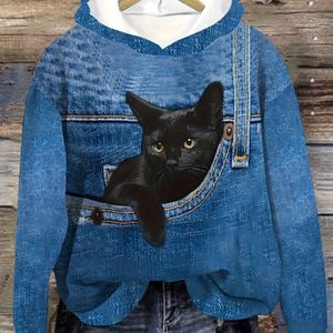 Vrouwelijke Casual Polyester Hooded Sweatshirt met Schattige Katendruk, Lange Mouw Pullover, Dierenpatroon, Gebreid , 250gsm, Herfst/Winter Collectie