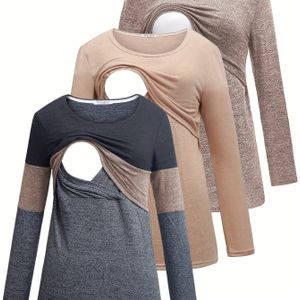 3 stuks Bearsland Zwangerschaps T-Shirts voor Borstvoeding - Lange Mouwen Ronde Hals Stretch Truien, Losse Pasvorm Lente/Herfst Blouses in Beige/Zwart/Grijs, Machinewasbaar