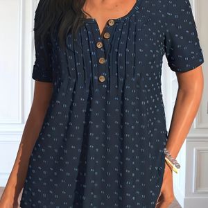 Dames Plus Size Navy Blauw Bloemenprint Top met Korte Mouwen en Knopen - Casual Crew Hals, Niet-Rekbaar voor Lente en Herfst, Casual Wear Top|Bloemenprint Top|Korte Mouw Top